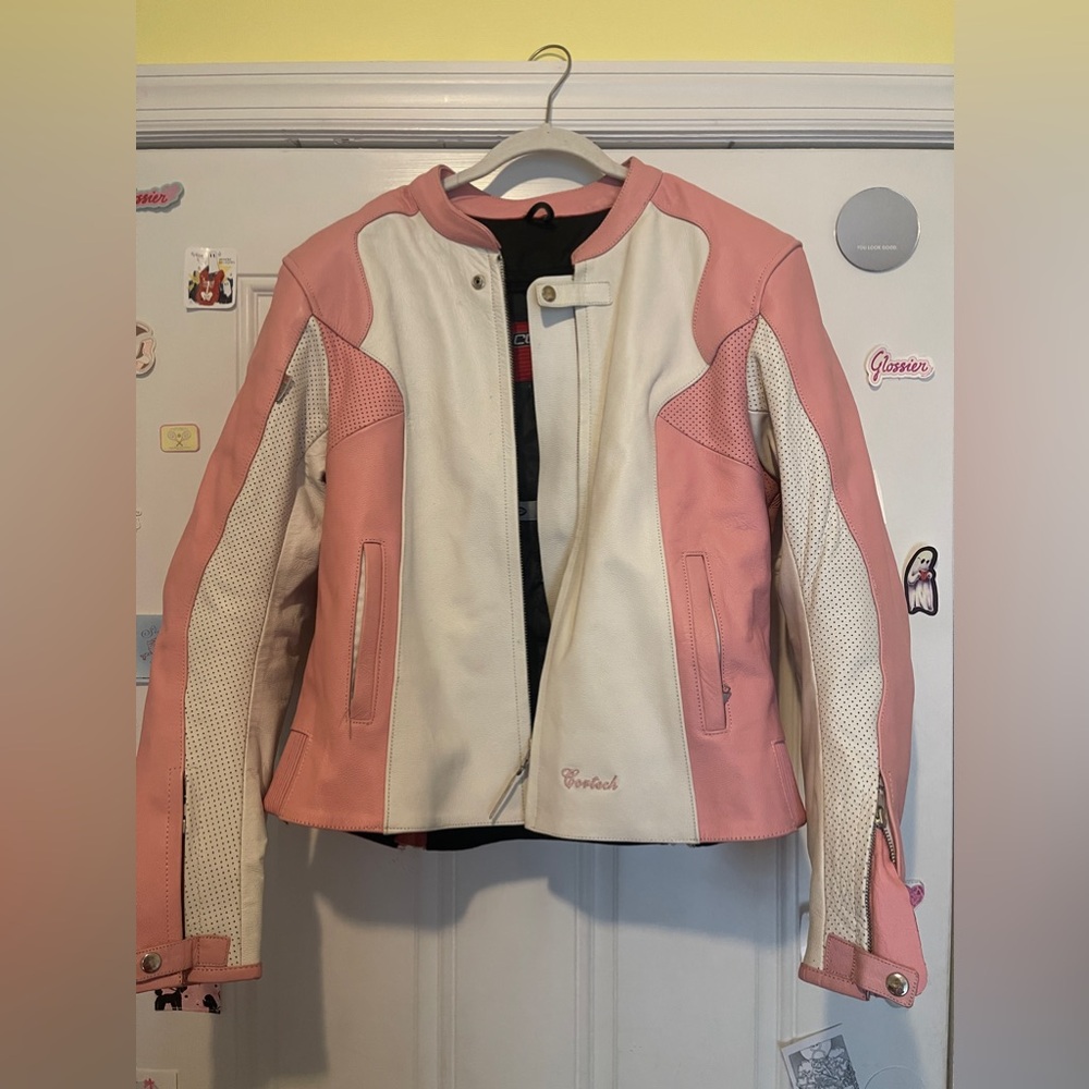 Vintage pink and white leather cortech jacket